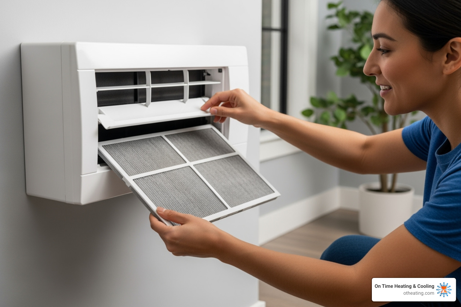 A person easily removing a mini-split filter for cleaning - Mini split maintenance