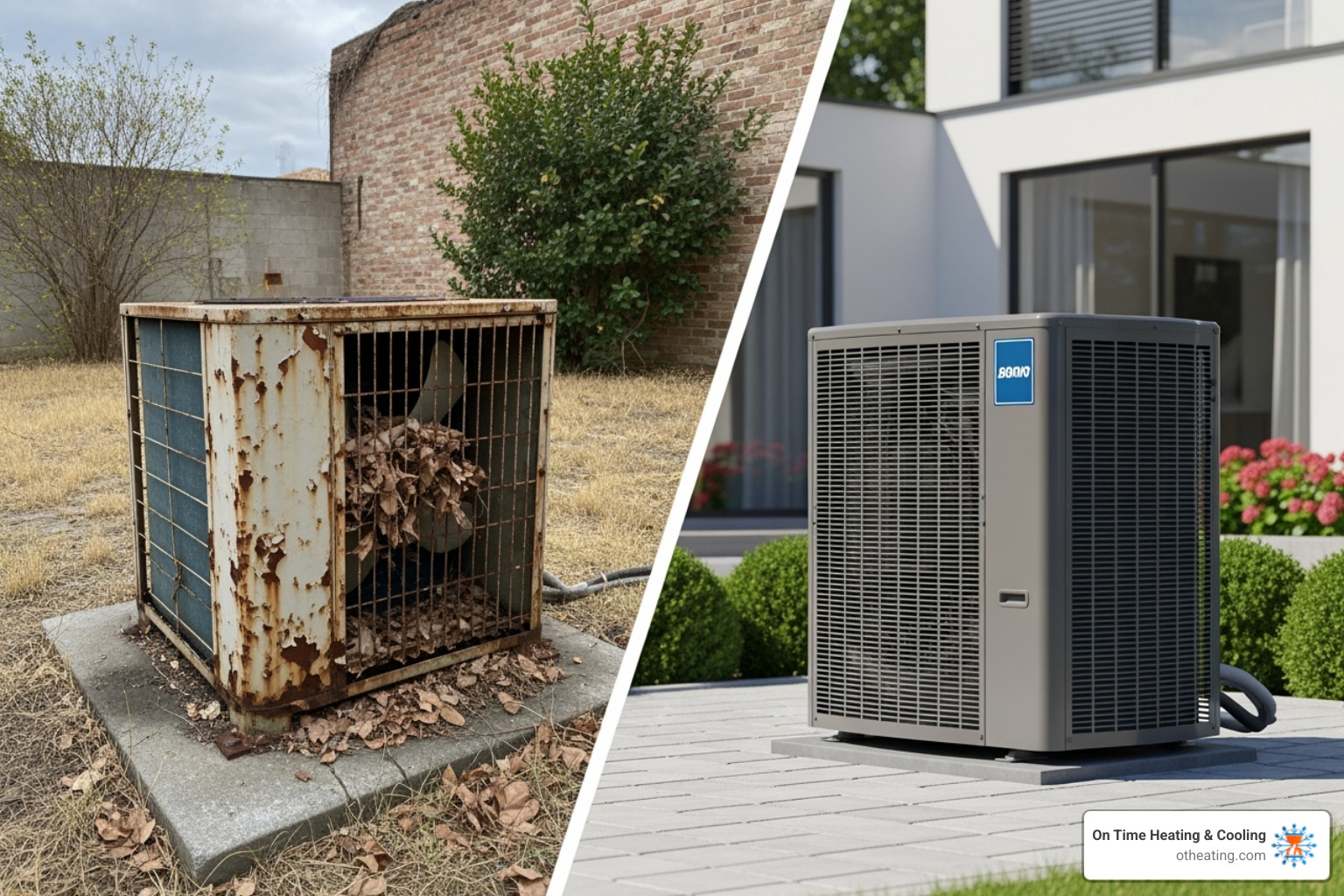 Split screen showing an old AC unit versus a new, modern one - Waukesha air conditioning repair