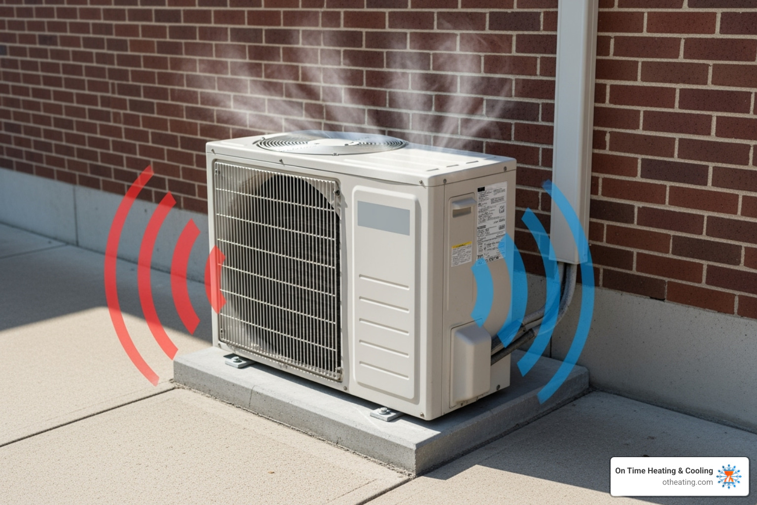 AC unit with icons showing strange noises and weak airflow - Waukesha air conditioning repair