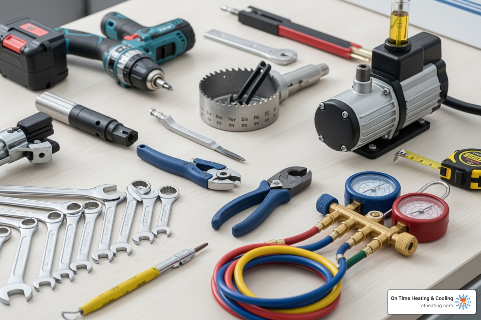 Tools laid out for mini split installation - Mini split installation