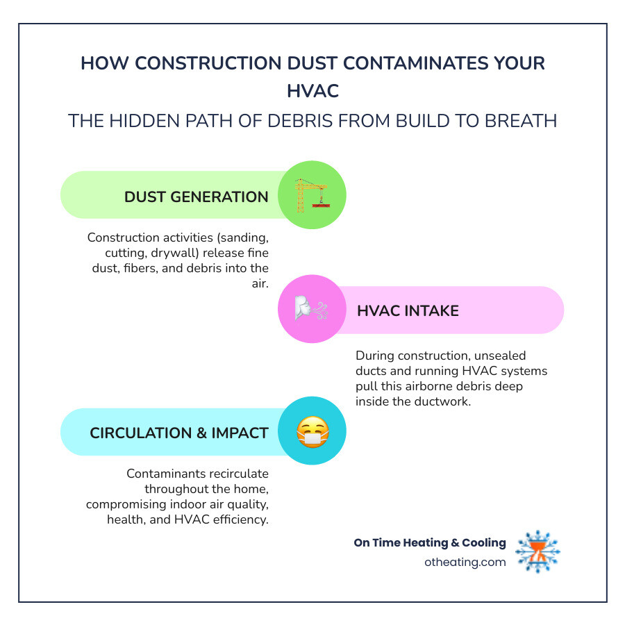 Detailed infographic showing how construction dust and debris enter HVAC ducts during building, accumulate in the ductwork, and then circulate throughout the home when the system runs, with arrows showing the contamination path from construction activities to air vents - post construction duct cleaning infographic infographic-line-3-steps-colors