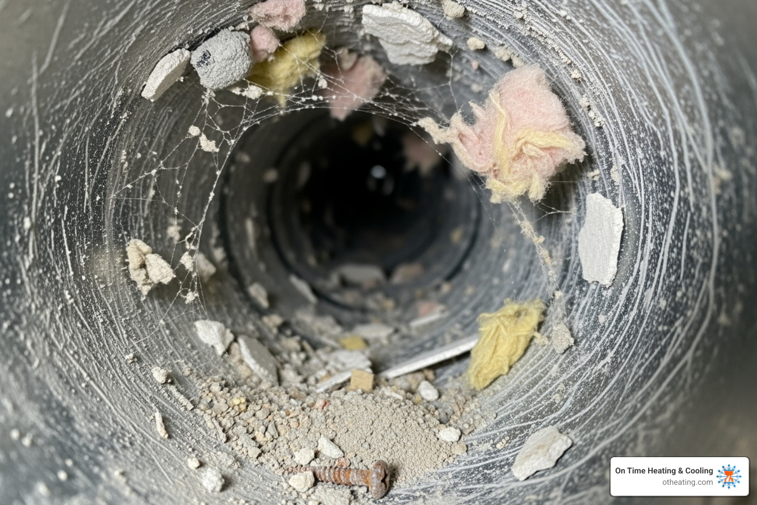 dirty, debris-filled air duct interior - post construction duct cleaning