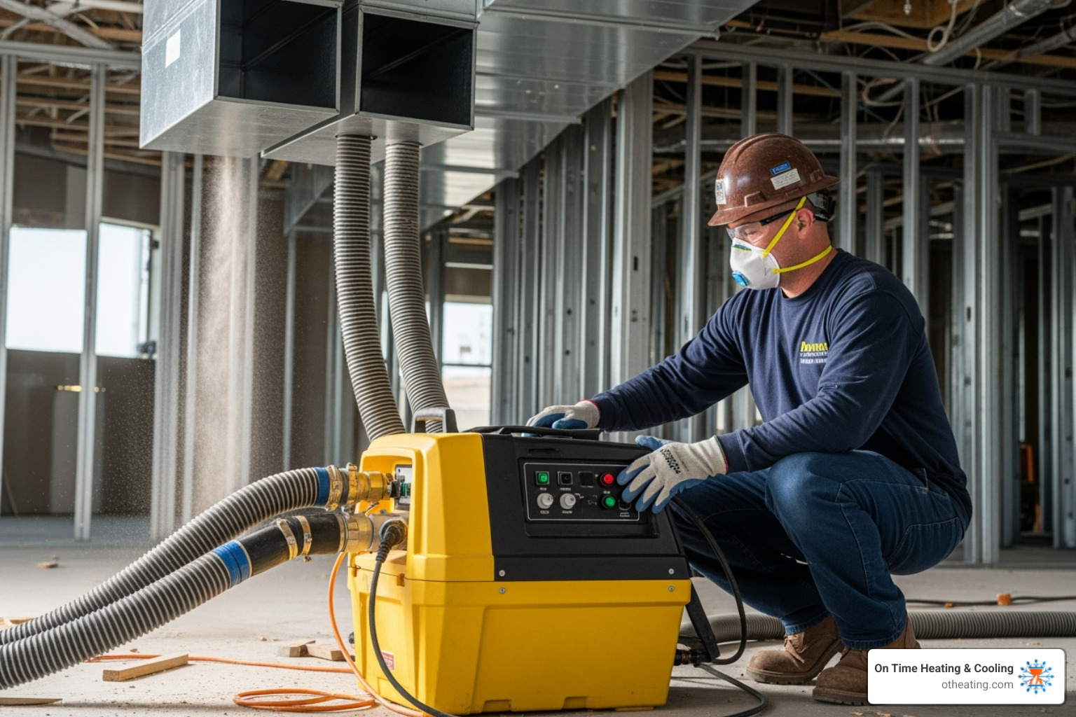technician using professional negative air pressure equipment - post construction duct cleaning