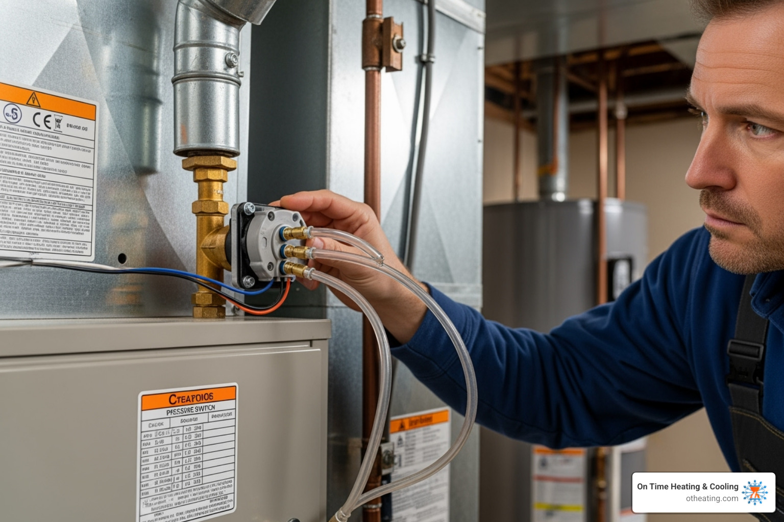homeowner safely inspecting the pressure switch and its hoses - furnace pressure switch