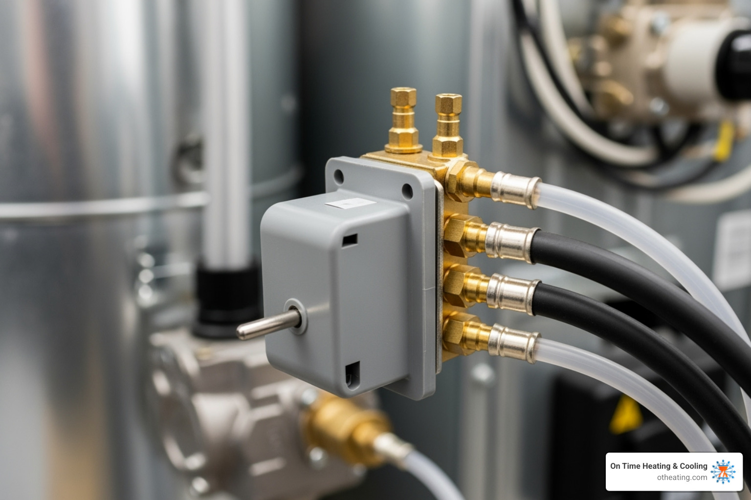close-up of a furnace pressure switch with its connected hoses - furnace pressure switch