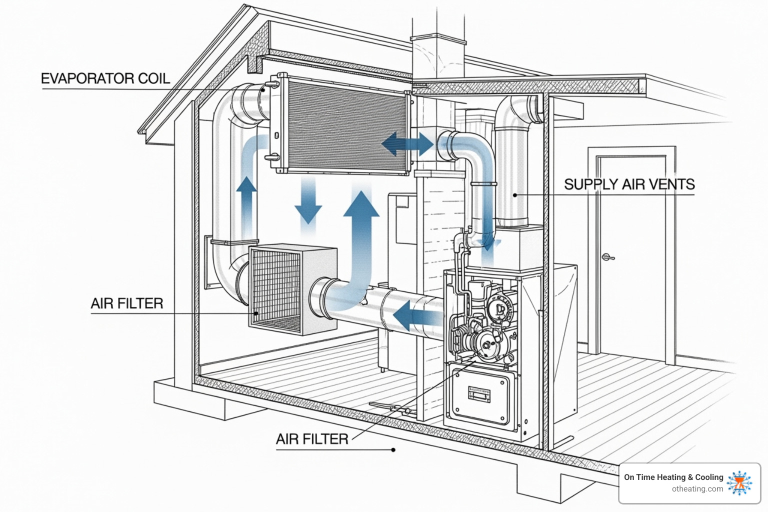 Cutaway diagram showing the location of the evaporator coil, furnace, and filter - AC coil cleaning service