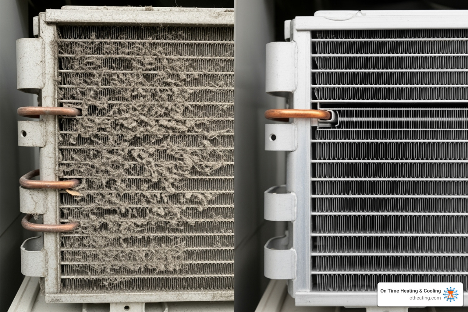 Side-by-side comparison of a dirty AC coil and a clean AC coil - AC coil cleaning service