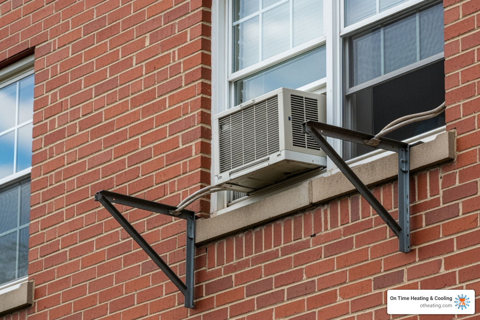 securely installed window AC unit with support brackets - Apartment AC installation