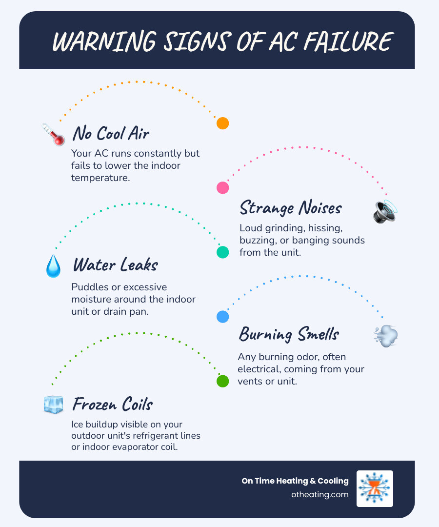 Infographic showing warning signs of AC failure including no cool air, strange noises, water leaks, burning smells, and frozen coils with emergency contact information for Waukesha area - 24/7 ac repair waukesha infographic infographic-line-5-steps-blues-accent_colors Infographic showing warning signs of AC failure including no cool air, strange noises, water leaks, burning smells, and frozen coils with emergency contact information for Waukesha area - 24/7 ac repair waukesha infographic infographic-line-5-steps-blues-accent_colors