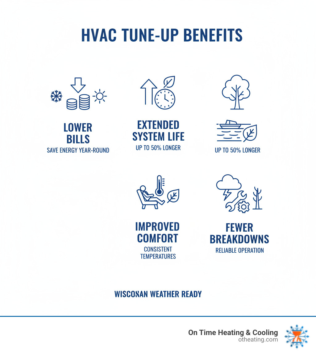 Benefits of HVAC tune-up infographic showing lower bills, extended system life, improved comfort, and fewer breakdowns with Wisconsin seasonal weather icons - affordable hvac tune-up oconomowoc wi infographic  Benefits of HVAC tune-up infographic showing lower bills, extended system life, improved comfort, and fewer breakdowns with Wisconsin seasonal weather icons - affordable hvac tune-up oconomowoc wi infographic