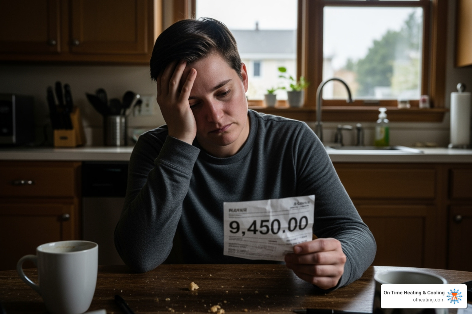 A homeowner looking concerned at their high energy bill, holding their head in their hands - ac install contractor pewaukee wi A homeowner looking concerned at their high energy bill, holding their head in their hands - ac install contractor pewaukee wi