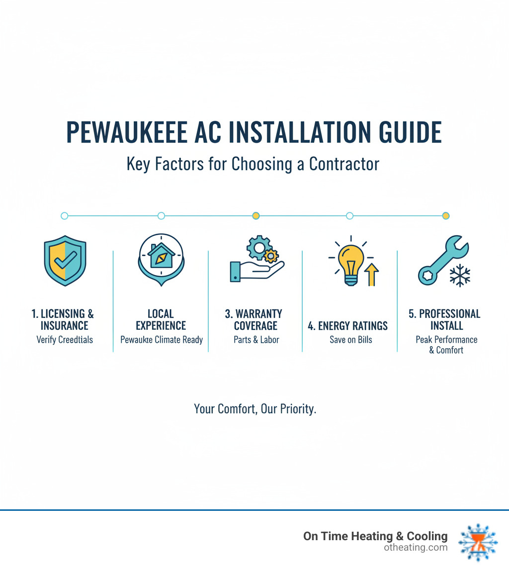 Comprehensive guide showing the key factors when choosing an AC installation contractor in Pewaukee WI, including licensing verification, local experience, warranty coverage, energy efficiency ratings, and professional installation benefits - ac install contractor pewaukee wi infographic  Comprehensive guide showing the key factors when choosing an AC installation contractor in Pewaukee WI, including licensing verification, local experience, warranty coverage, energy efficiency ratings, and professional installation benefits - ac install contractor pewaukee wi infographic