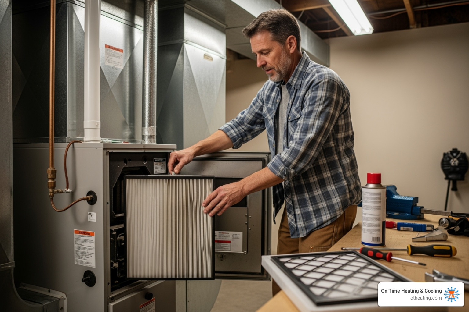 image of a homeowner changing a furnace filter - furnace repair waukesha wi image of a homeowner changing a furnace filter - furnace repair waukesha wi