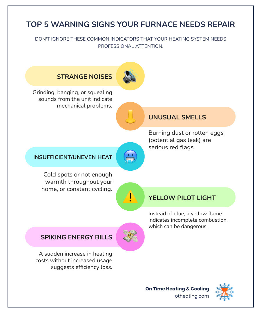 Infographic showing the top 5 warning signs your furnace needs repair: 1. Strange noises like grinding, banging, or squealing sounds from the unit, 2. Unusual smells including burning dust or rotten eggs indicating a gas leak, 3. Insufficient or uneven heating throughout your home with cold spots in certain rooms, 4. Yellow pilot light instead of blue indicating incomplete combustion, 5. Sudden spike in energy bills without increased usage suggesting efficiency loss - furnace repair waukesha wi infographic infographic-line-5-steps-colors Infographic showing the top 5 warning signs your furnace needs repair: 1. Strange noises like grinding, banging, or squealing sounds from the unit, 2. Unusual smells including burning dust or rotten eggs indicating a gas leak, 3. Insufficient or uneven heating throughout your home with cold spots in certain rooms, 4. Yellow pilot light instead of blue indicating incomplete combustion, 5. Sudden spike in energy bills without increased usage suggesting efficiency loss - furnace repair waukesha wi infographic infographic-line-5-steps-colors