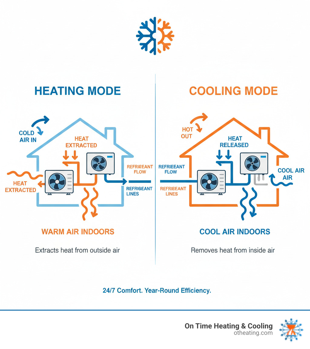 Detailed infographic showing heat pump operation in heating mode with outdoor unit extracting heat from cold air and transferring it indoors through refrigerant lines and coils, plus cooling mode with the process reversed to remove heat from inside air - 24/7 heat pump repair waukesha infographic  Detailed infographic showing heat pump operation in heating mode with outdoor unit extracting heat from cold air and transferring it indoors through refrigerant lines and coils, plus cooling mode with the process reversed to remove heat from inside air - 24/7 heat pump repair waukesha infographic