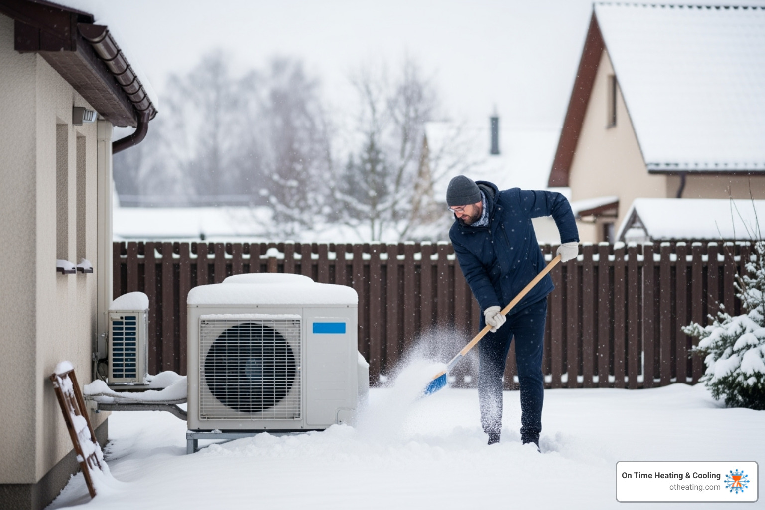 image of a homeowner clearing snow away from their outdoor heat pump unit - 24/7 heat pump repair waukesha image of a homeowner clearing snow away from their outdoor heat pump unit - 24/7 heat pump repair waukesha