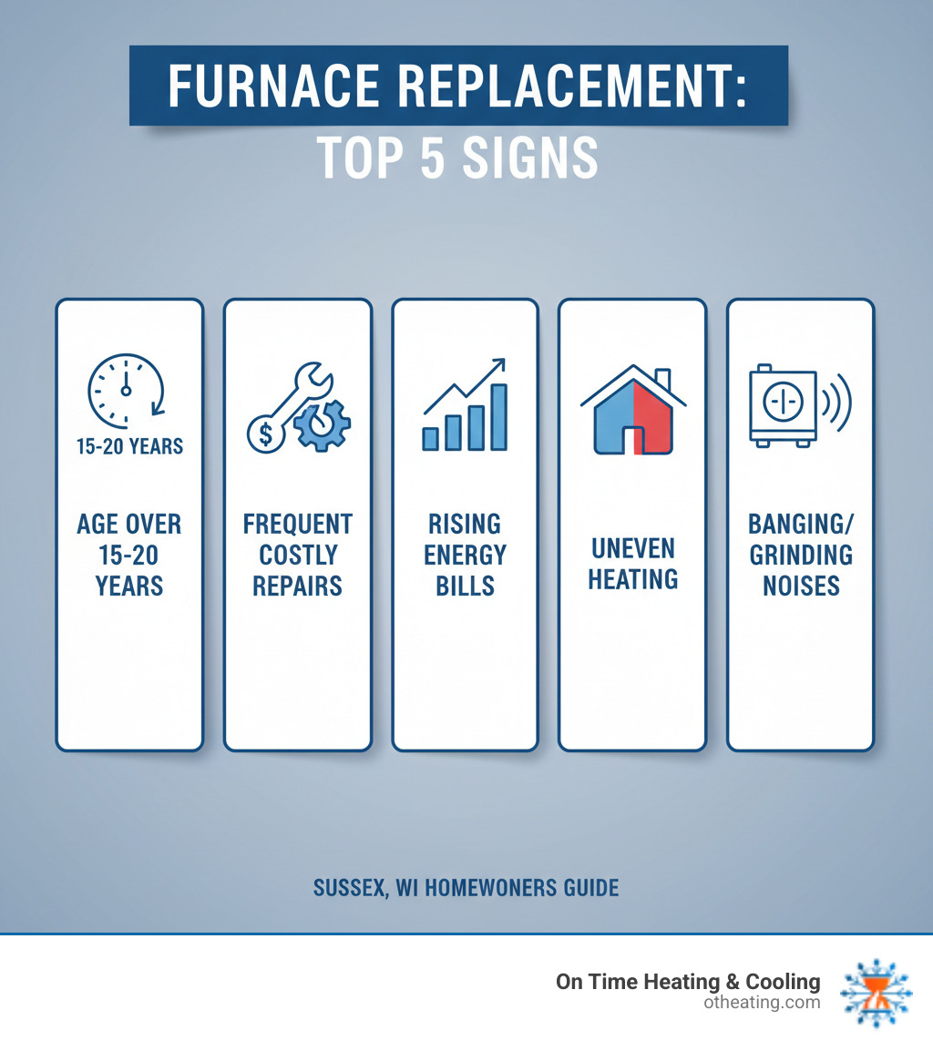 Infographic showing the top 5 signs a furnace needs replacement: age over 15-20 years, frequent costly repairs, rising energy bills despite normal usage, uneven heating throughout the home, and unusual noises like banging or grinding sounds - affordable furnace replacement sussex wi infographic  Infographic showing the top 5 signs a furnace needs replacement: age over 15-20 years, frequent costly repairs, rising energy bills despite normal usage, uneven heating throughout the home, and unusual noises like banging or grinding sounds - affordable furnace replacement sussex wi infographic