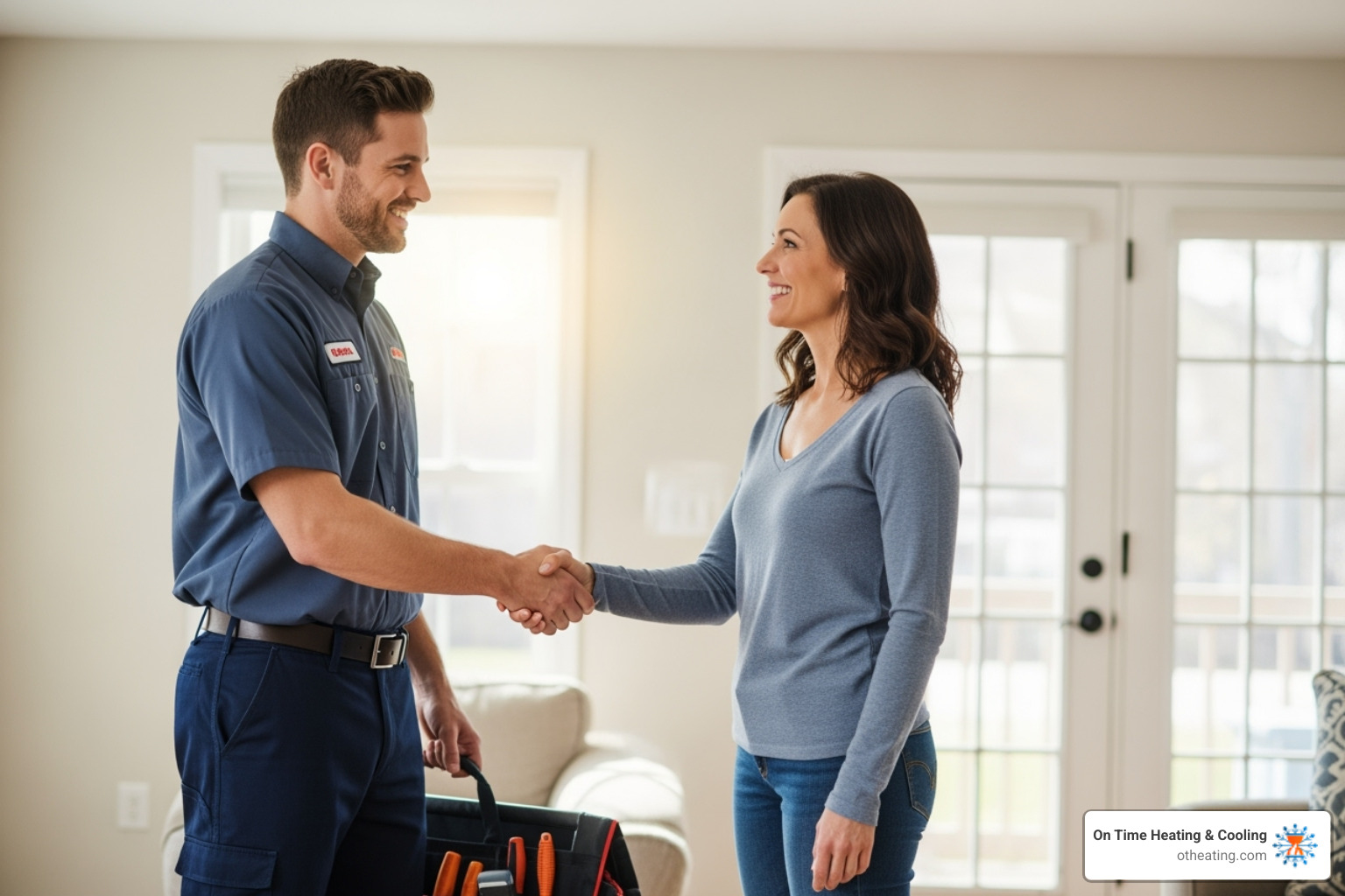 Friendly technician shaking hands with a happy homeowner - affordable furnace replacement sussex wi Friendly technician shaking hands with a happy homeowner - affordable furnace replacement sussex wi