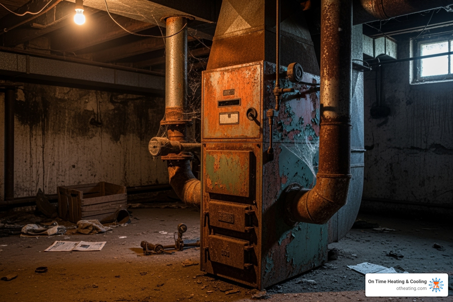 Old, rusted furnace in a dark basement - affordable furnace replacement sussex wi Old, rusted furnace in a dark basement - affordable furnace replacement sussex wi