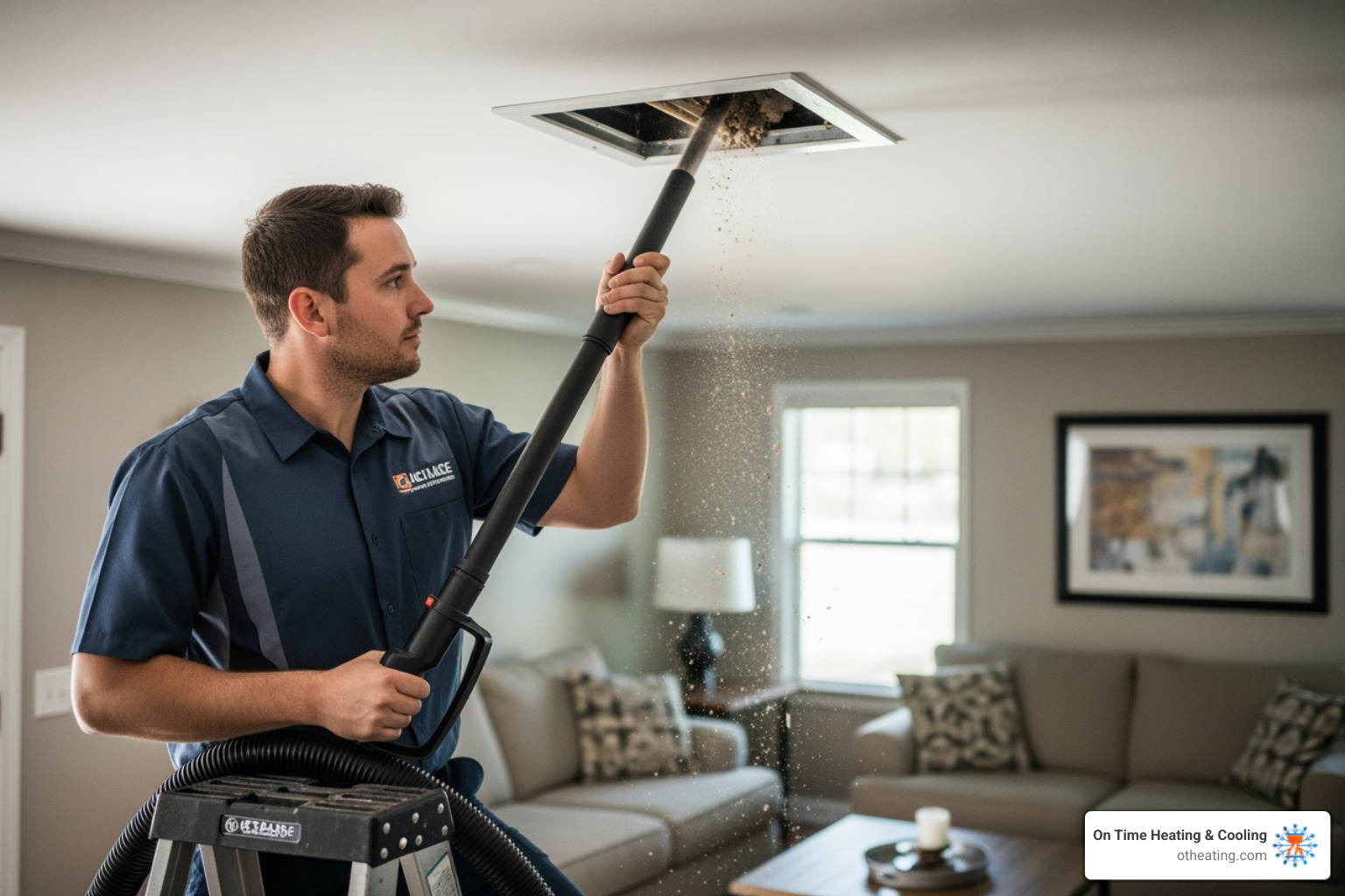 Professional technician using a high-powered vacuum hose on a vent - duct cleaning waukesha wi