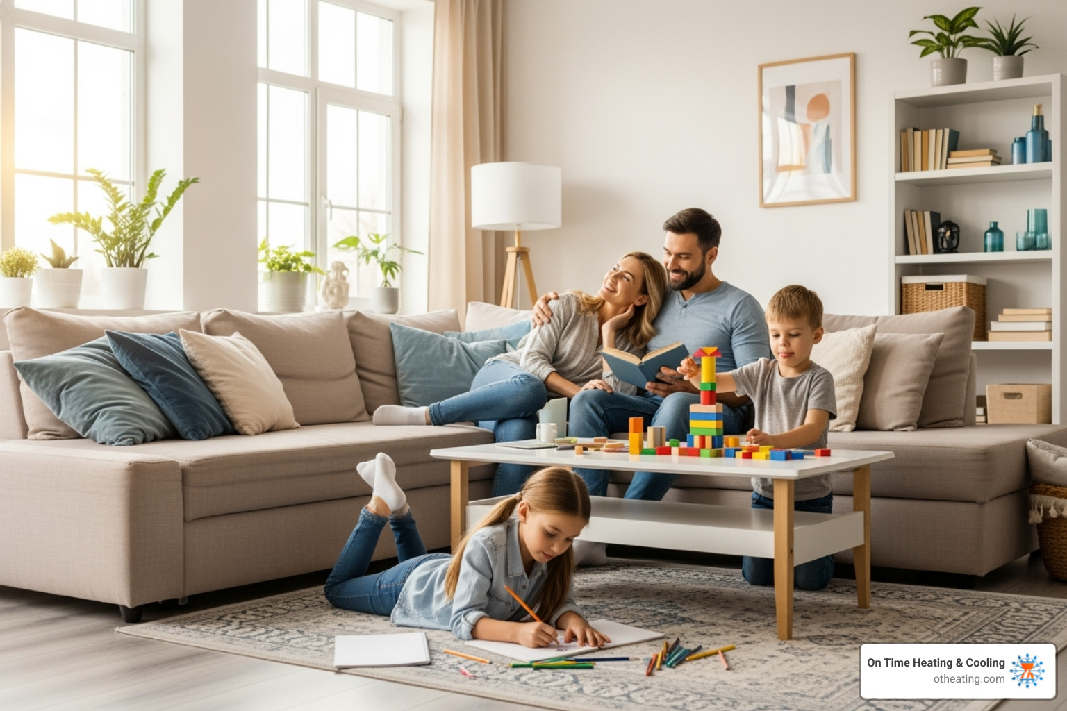 Happy family relaxing in a clean living room - duct cleaning waukesha wi
