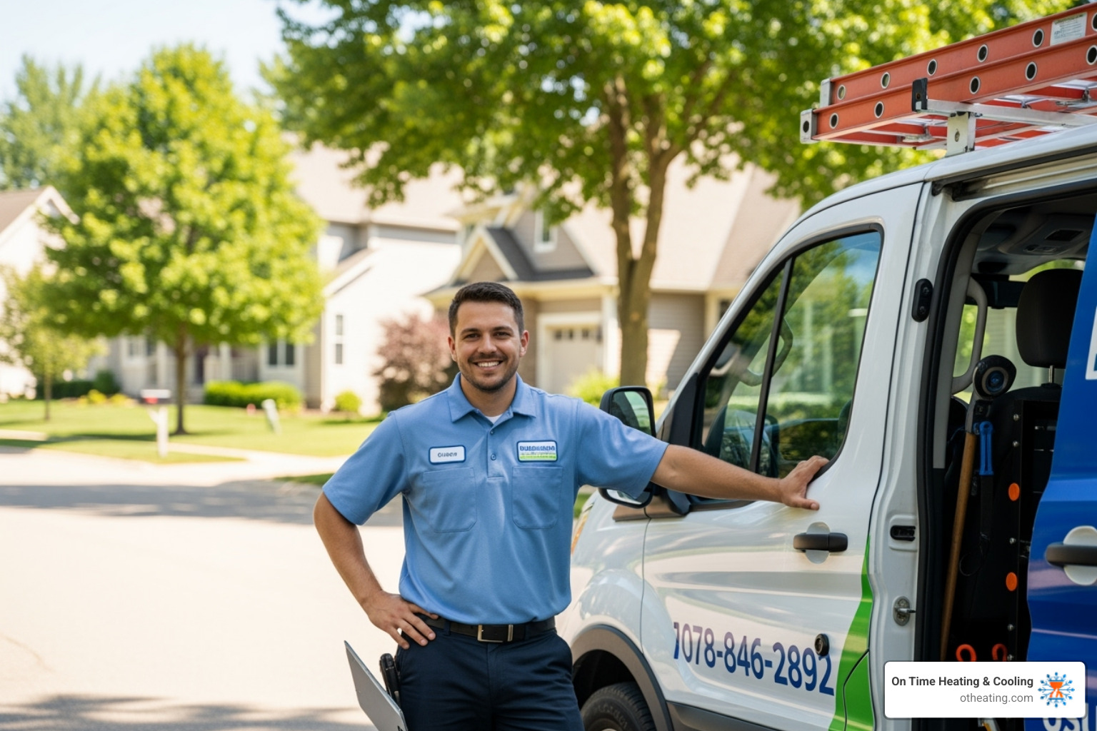 friendly, professional HVAC technician with a van in a Sussex neighborhood - ac repair near me sussex wi