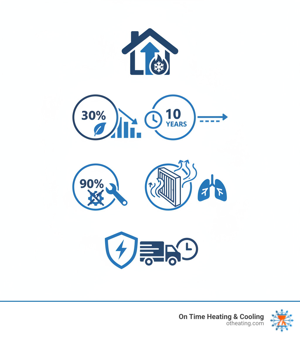 Comprehensive infographic showing HVAC maintenance plan benefits including 30% energy savings, 10-year extended equipment lifespan, 90% reduction in system breakdowns, improved indoor air quality with cleaner filters, and priority emergency service coverage - hvac maintenance plan waukesha wi infographic 