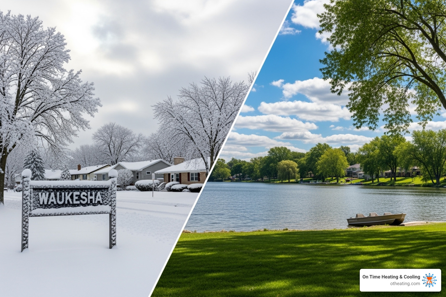 Split screen image showing a snowy Waukesha winter scene on one side and a sunny summer day with green trees on the other - hvac maintenance plan waukesha wi