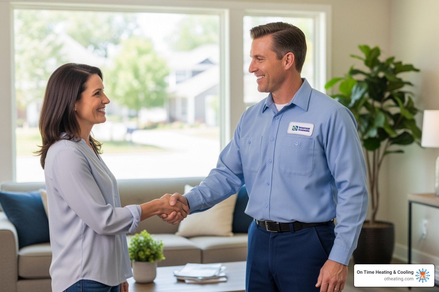 A friendly HVAC technician shaking hands with a homeowner after a successful consultation - ac replacement new berlin wi