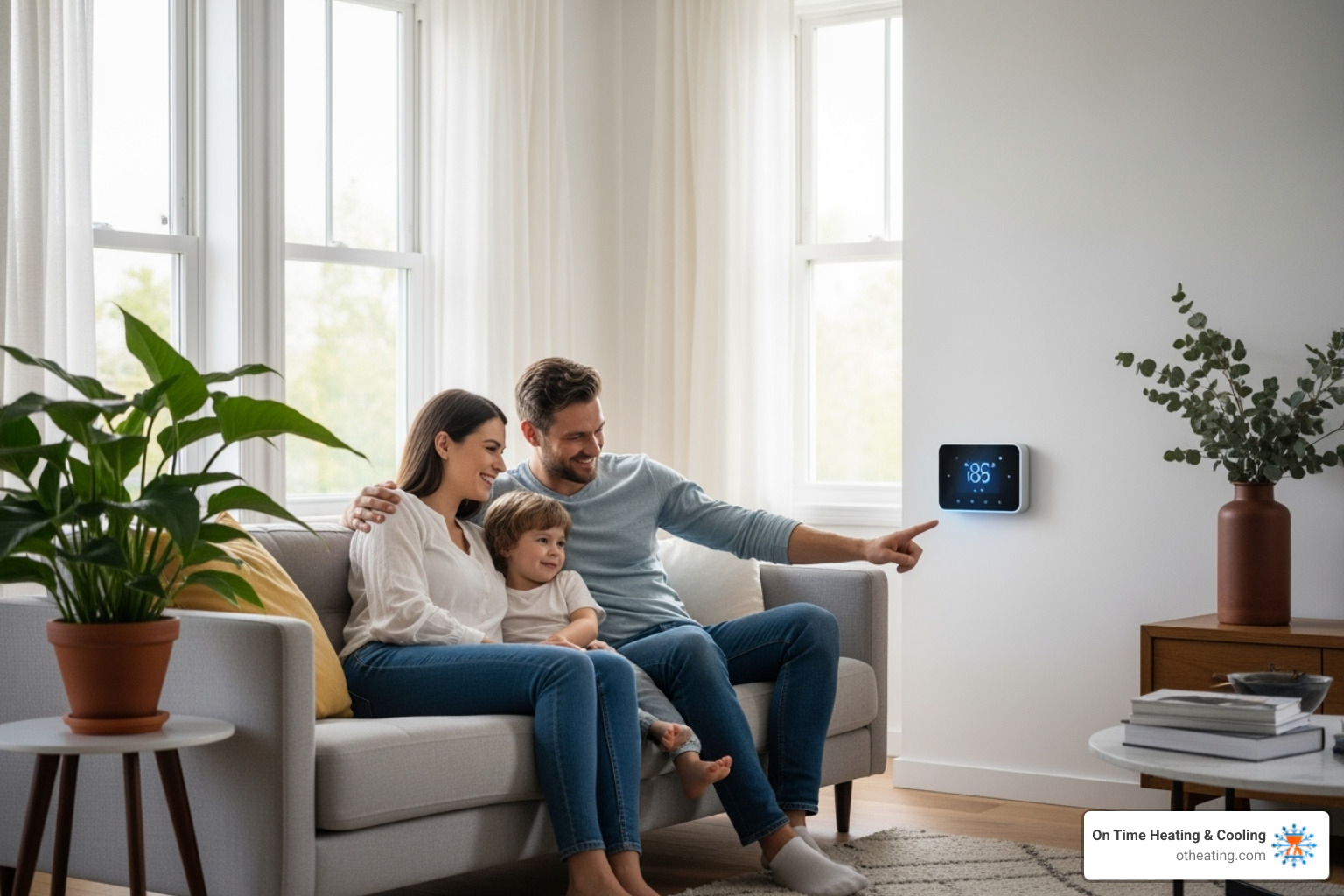 A family enjoying a cool, comfortable home while looking at a smart thermostat - ac replacement new berlin wi