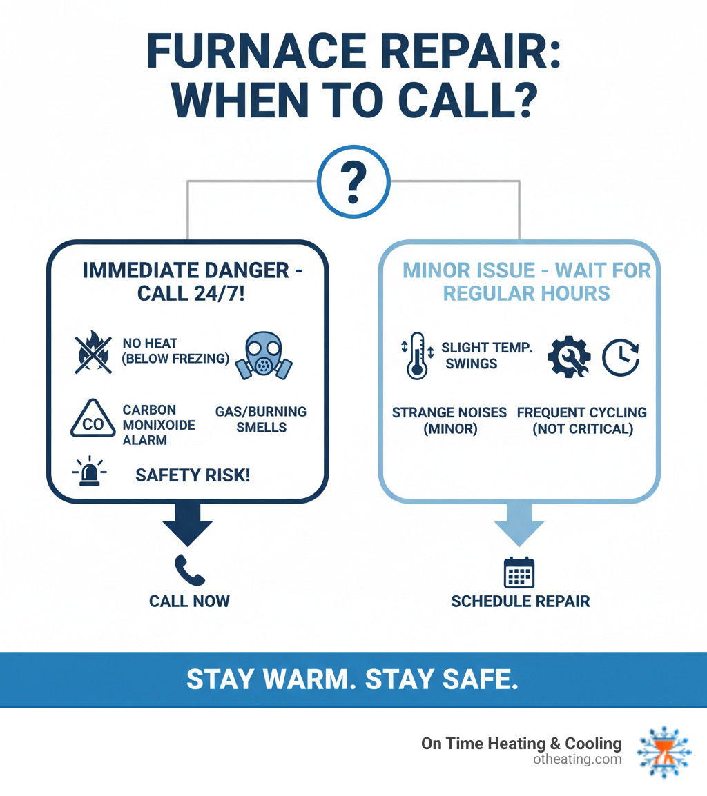 Emergency furnace repair decision flowchart showing when to call 24/7 service versus waiting for regular hours, including safety signs like gas smells and carbon monoxide alerts versus minor issues like slight temperature fluctuations - 24/7 furnace repair waukesha infographic Emergency furnace repair decision flowchart showing when to call 24/7 service versus waiting for regular hours, including safety signs like gas smells and carbon monoxide alerts versus minor issues like slight temperature fluctuations - 24/7 furnace repair waukesha infographic