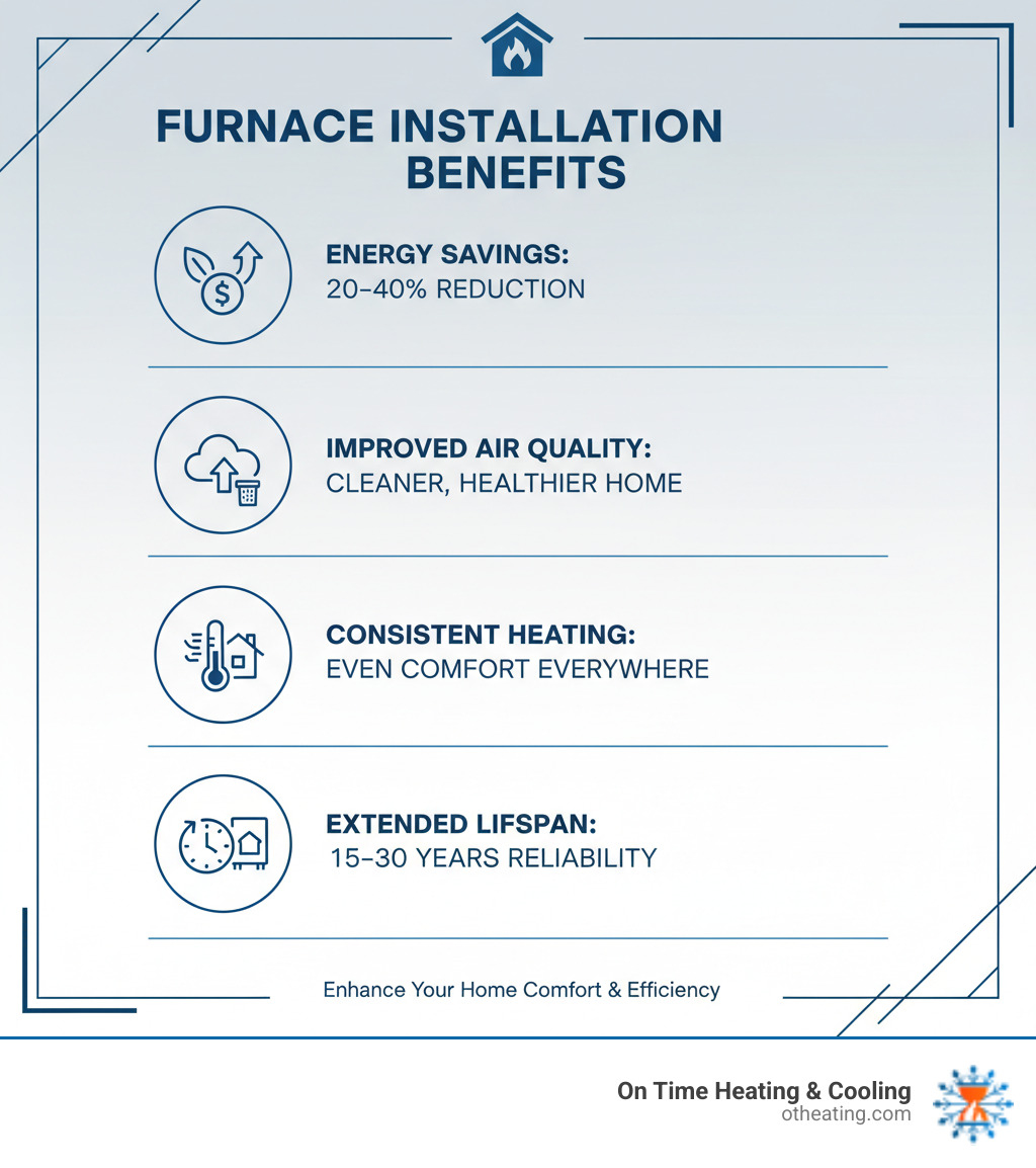 Infographic showing benefits of professional furnace installation including energy savings of 20-40%, improved air quality, consistent heating throughout home, and extended system lifespan of 15-30 years - best furnace installation oconomowoc infographic 