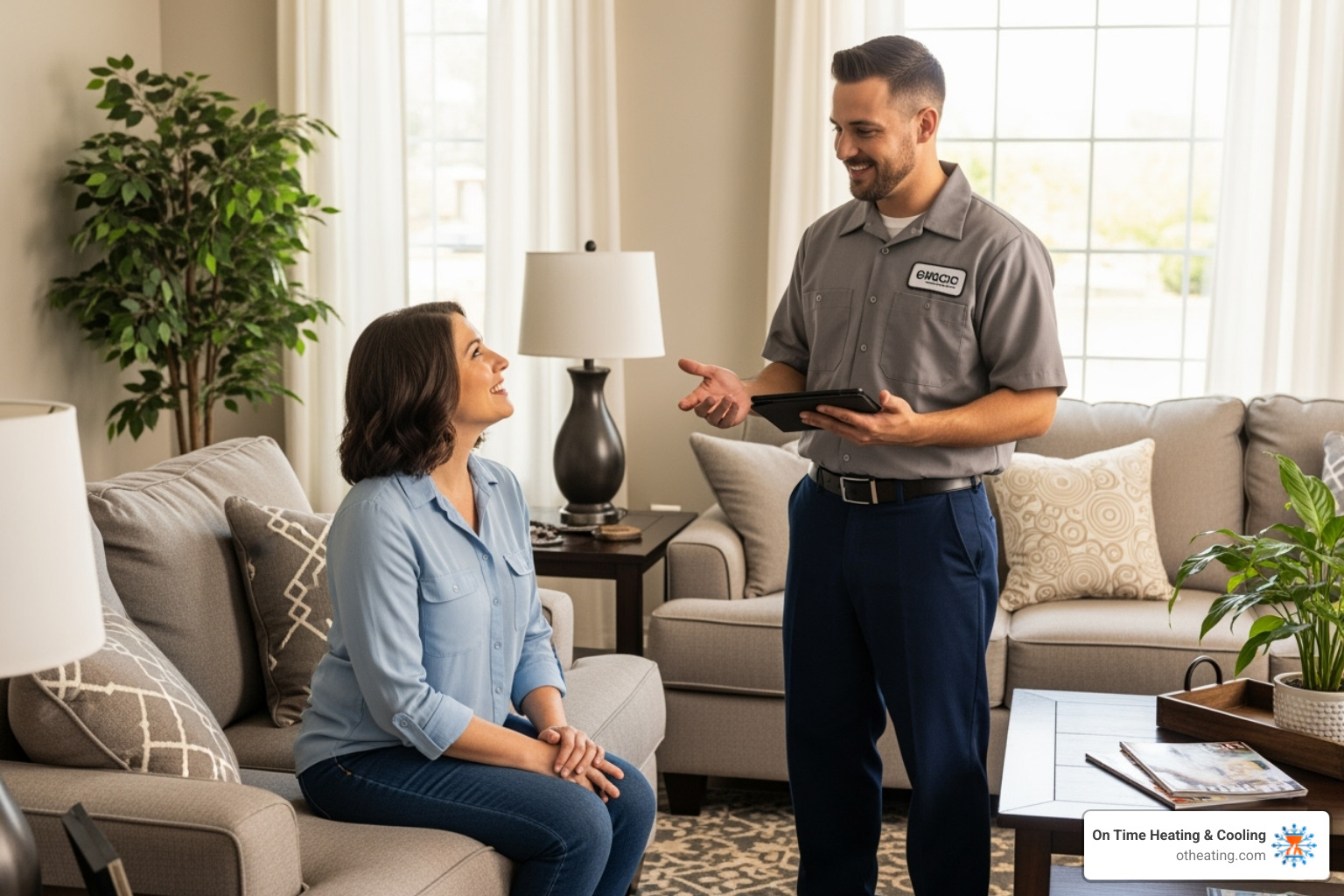 A friendly HVAC technician talks with a homeowner in a living room - best furnace installation oconomowoc