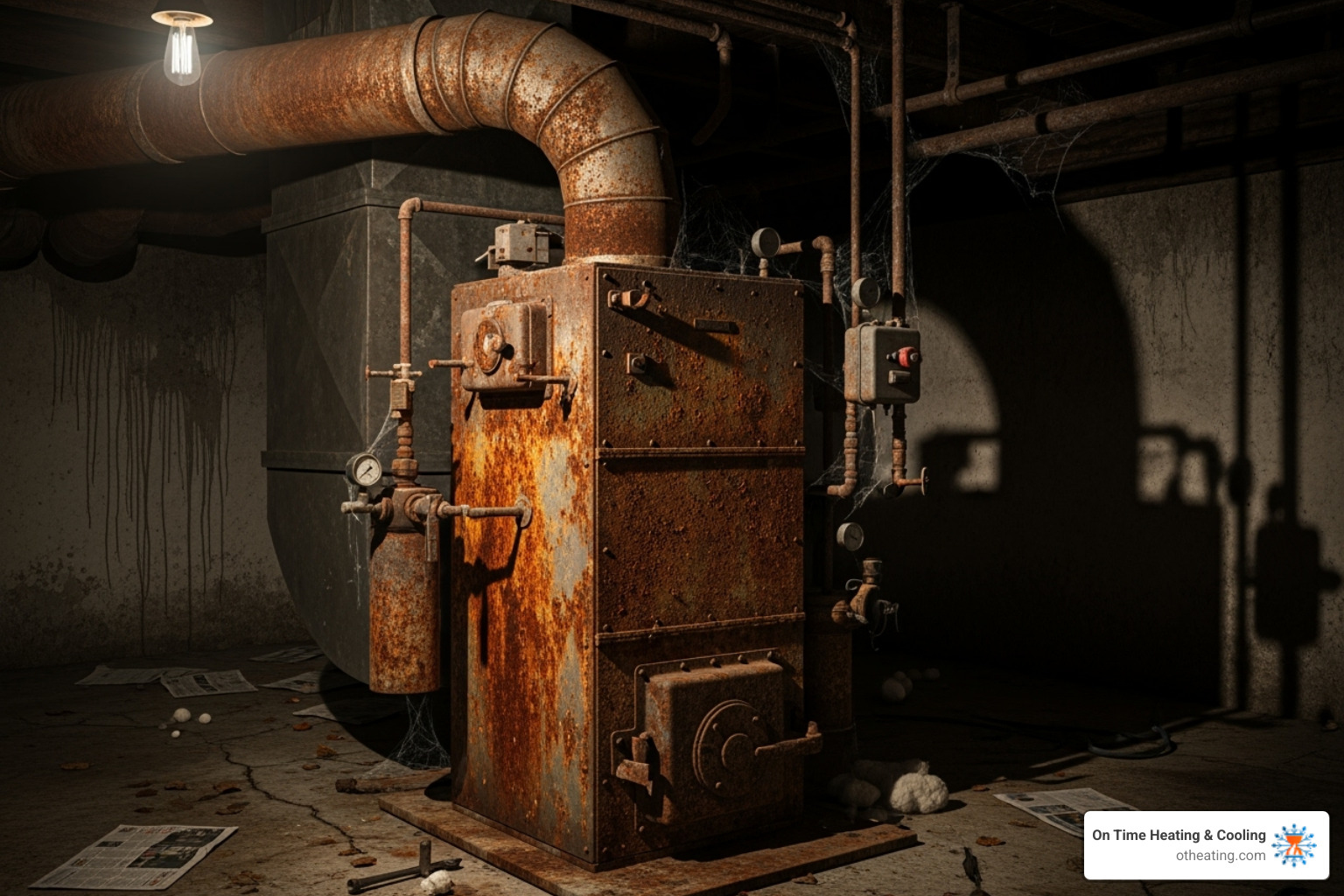 An old, rusted furnace in a dimly lit basement - best furnace installation oconomowoc