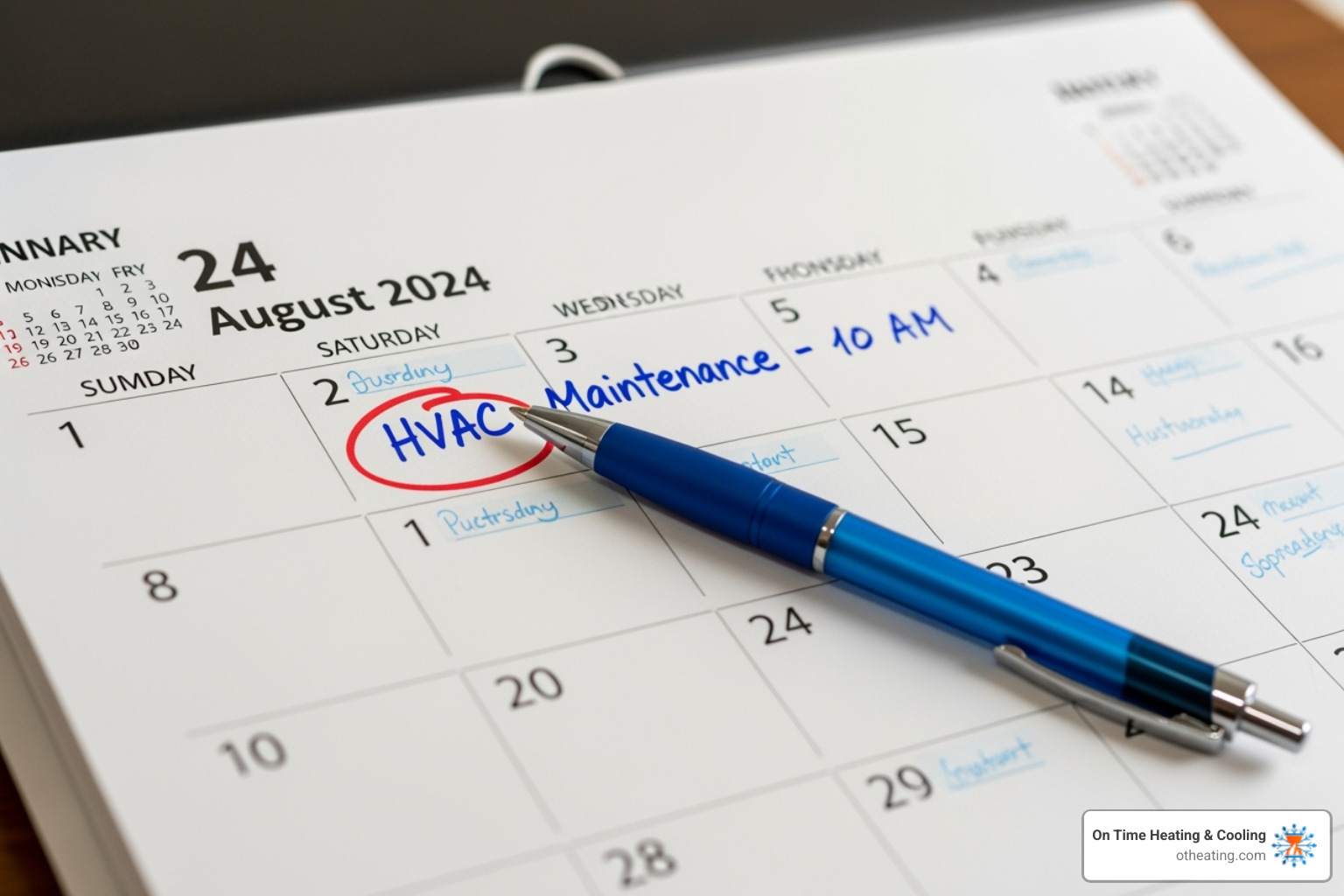 Calendar with a highlighted date for HVAC maintenance - air duct cleaning oconomowoc
