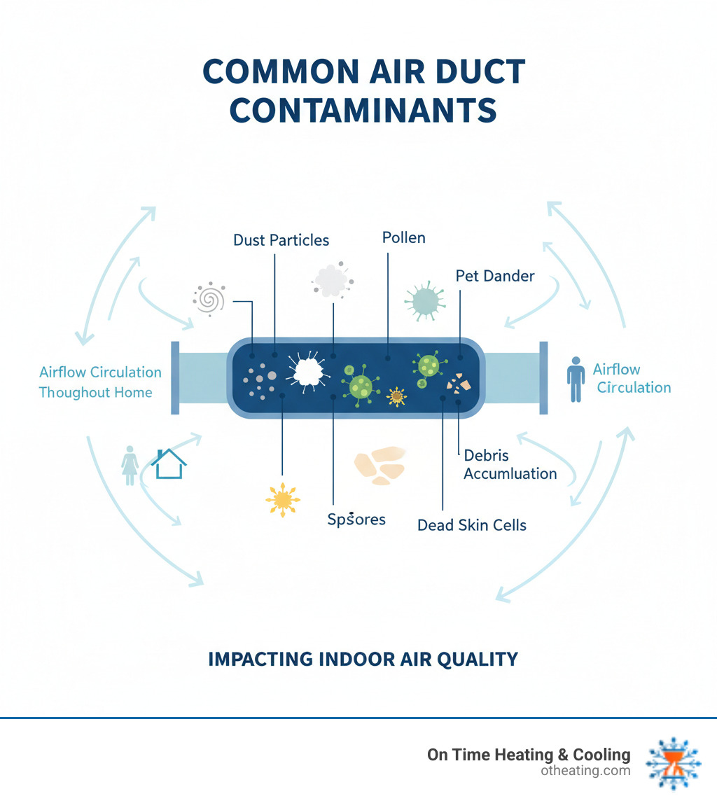 Detailed infographic showing common air duct contaminants including dust particles, pet dander, mold spores, pollen, dead skin cells, and debris accumulation in HVAC ductwork with arrows indicating airflow circulation throughout a home - air duct cleaning oconomowoc infographic 