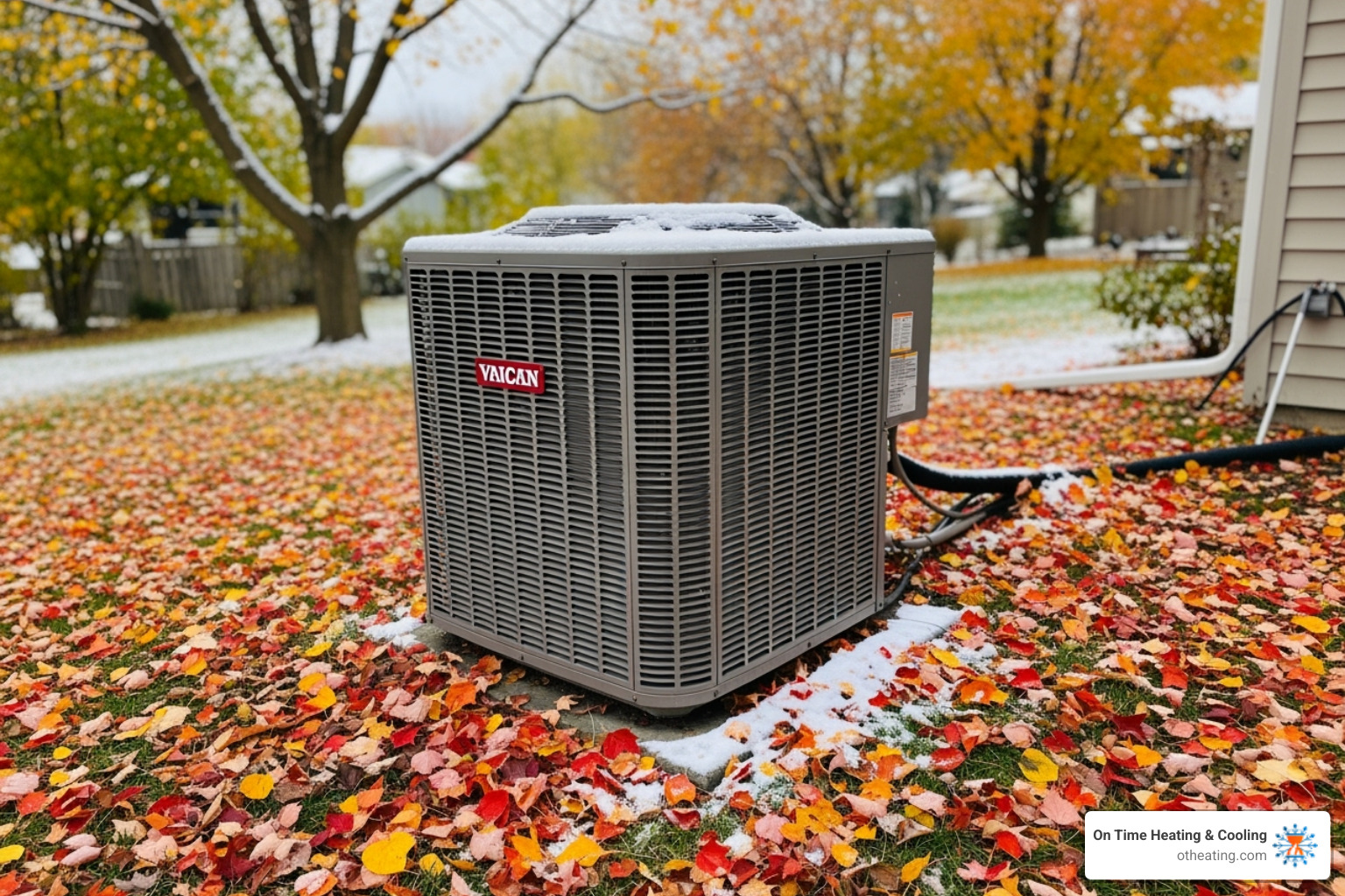 Outdoor heat pump unit with autumn leaves and a light dusting of snow - heat pump maintenance delafield wi Outdoor heat pump unit with autumn leaves and a light dusting of snow - heat pump maintenance delafield wi