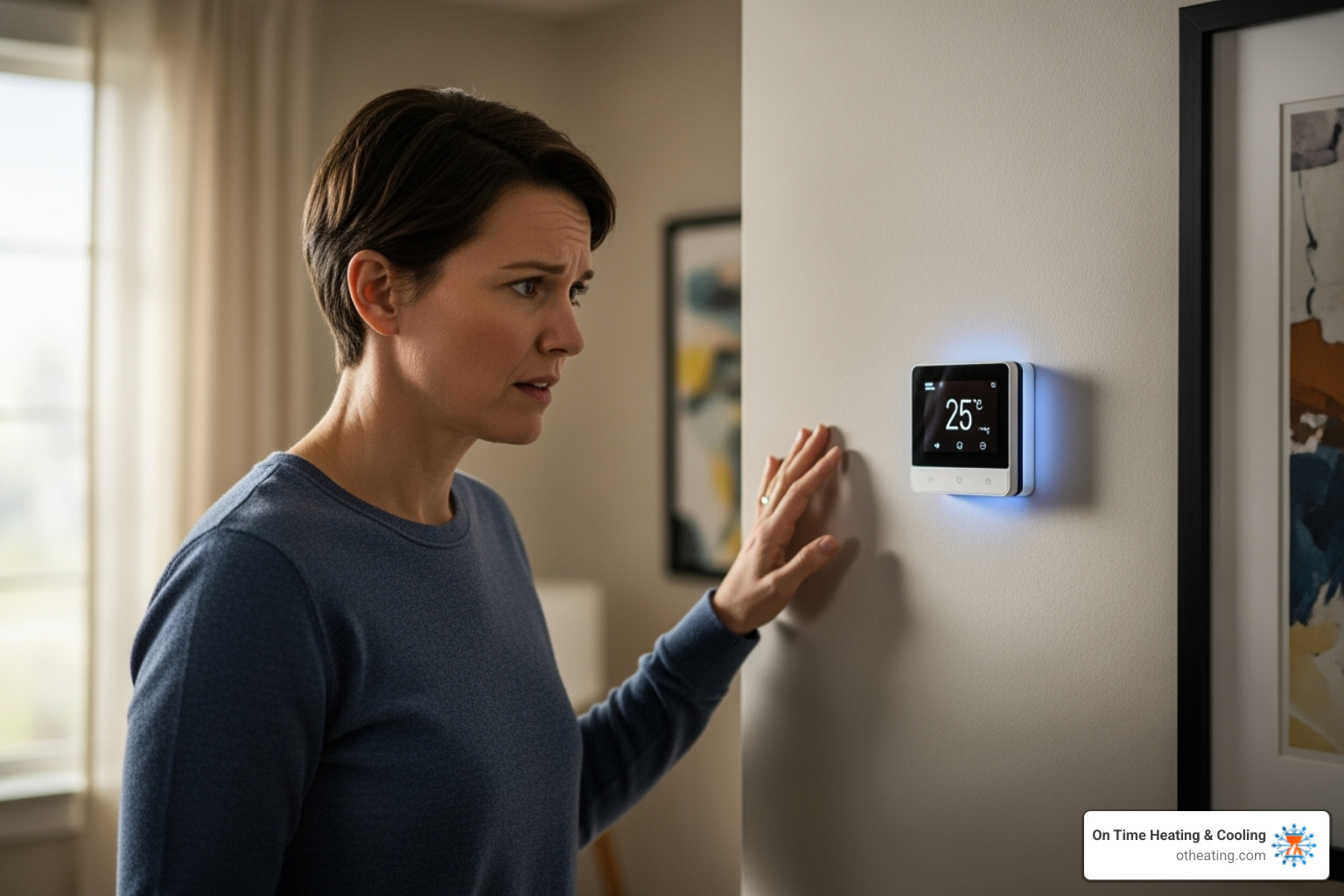 Person looking at their thermostat with a concerned expression - heat pump maintenance delafield wi Person looking at their thermostat with a concerned expression - heat pump maintenance delafield wi