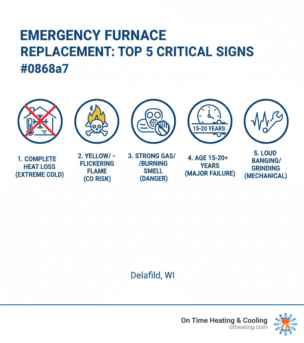 Infographic showing the top 5 critical signs requiring emergency furnace replacement: 1) Complete loss of heat during extreme cold weather, 2) Yellow or flickering burner flame instead of blue indicating carbon monoxide risk, 3) Strong gas or burning smell suggesting dangerous leaks, 4) Furnace age over 15-20 years with major component failure, 5) Loud banging grinding or screeching noises indicating mechanical failure - emergency furnace replacement delafield wi infographic  Infographic showing the top 5 critical signs requiring emergency furnace replacement: 1) Complete loss of heat during extreme cold weather, 2) Yellow or flickering burner flame instead of blue indicating carbon monoxide risk, 3) Strong gas or burning smell suggesting dangerous leaks, 4) Furnace age over 15-20 years with major component failure, 5) Loud banging grinding or screeching noises indicating mechanical failure - emergency furnace replacement delafield wi infographic
