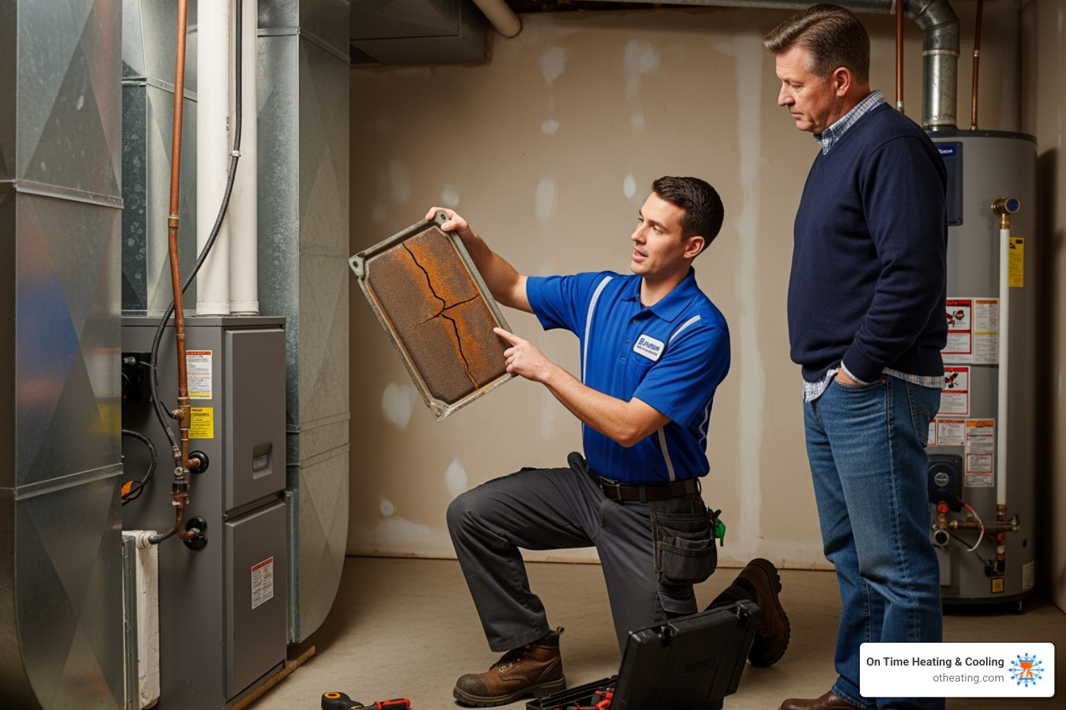 image of a technician showing a homeowner a part from their old furnace - emergency furnace replacement delafield wi image of a technician showing a homeowner a part from their old furnace - emergency furnace replacement delafield wi