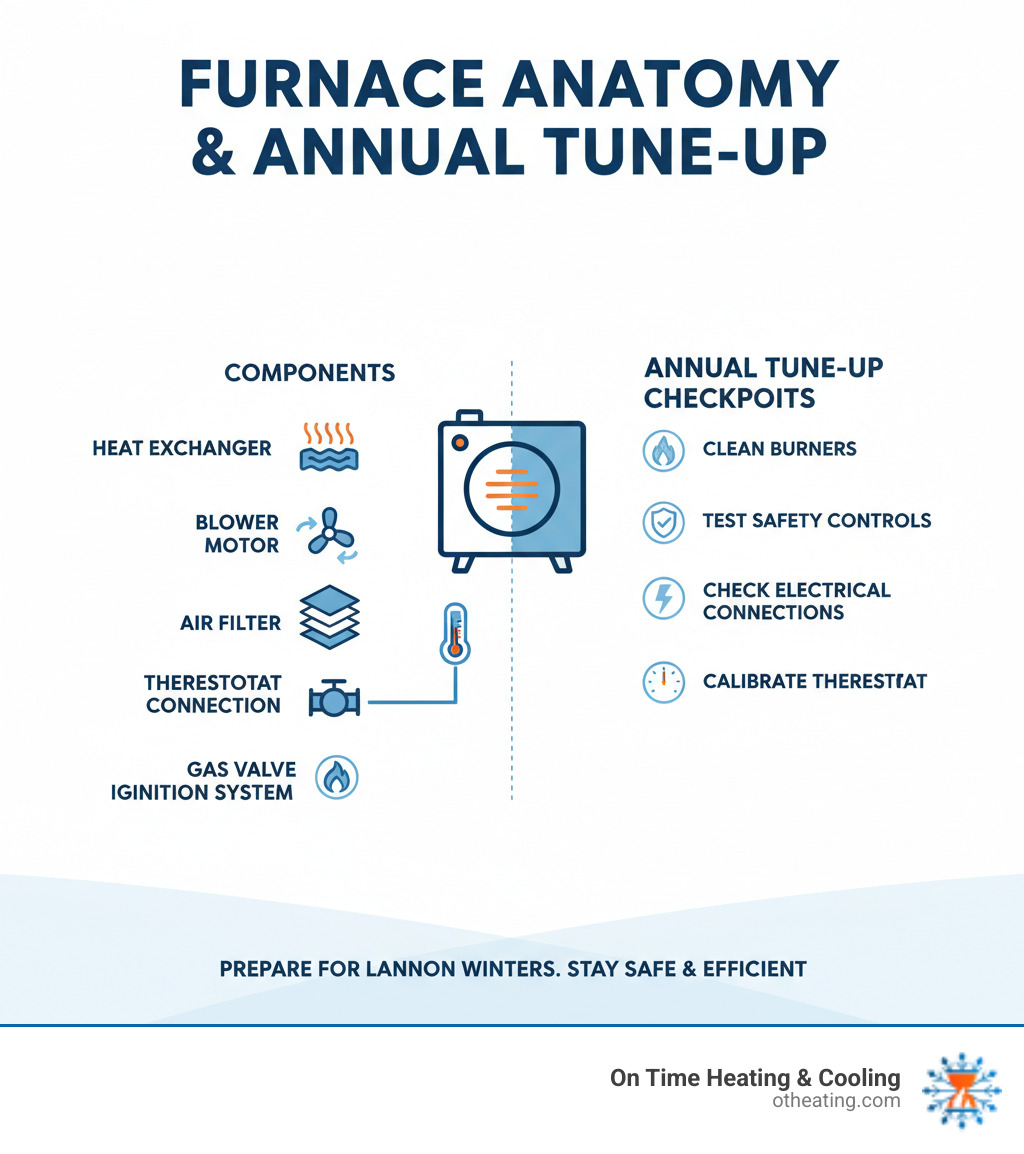 Infographic showing furnace components including heat exchanger, blower motor, air filter, thermostat connection, gas valve, and ignition system with maintenance checkpoints for annual tune-ups including cleaning burners, testing safety controls, checking electrical connections, and calibrating thermostat - furnace maintenance and repair lannon infographic 