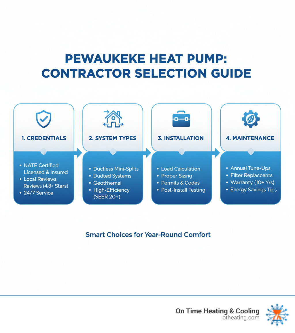 Comprehensive guide showing steps to select a heat pump contractor in Pewaukee, including contractor credentials, system types, installation process, and maintenance requirements - heat pump contractor pewaukee infographic  Comprehensive guide showing steps to select a heat pump contractor in Pewaukee, including contractor credentials, system types, installation process, and maintenance requirements - heat pump contractor pewaukee infographic