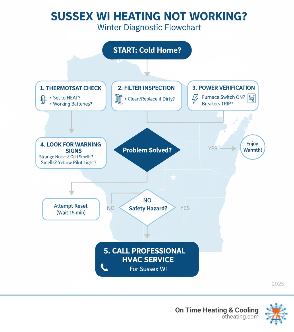 Infographic showing a step-by-step heating system diagnostic flowchart with decision points for thermostat check, filter inspection, power verification, and when to call professional HVAC service, specifically designed for Sussex WI homeowners dealing with non-working heating systems in winter conditions - heating system not working sussex wi infographic Infographic showing a step-by-step heating system diagnostic flowchart with decision points for thermostat check, filter inspection, power verification, and when to call professional HVAC service, specifically designed for Sussex WI homeowners dealing with non-working heating systems in winter conditions - heating system not working sussex wi infographic