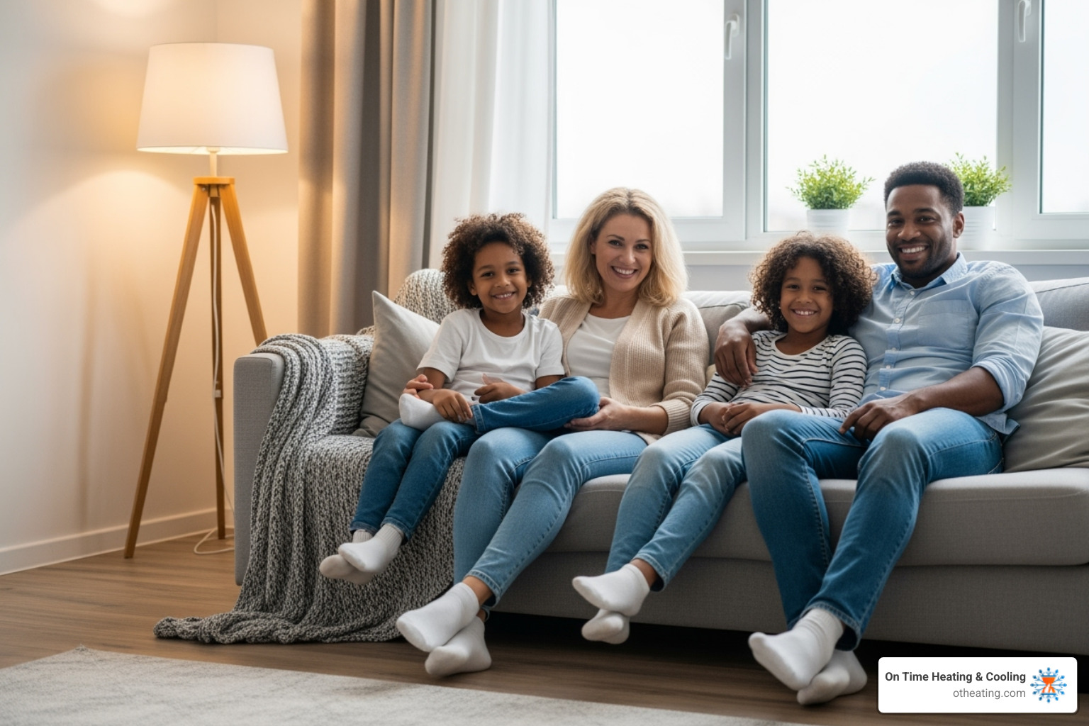 family comfortably relaxing in their living room in both winter and summer attire - energy efficient heat pump oconomowoc wi family comfortably relaxing in their living room in both winter and summer attire - energy efficient heat pump oconomowoc wi
