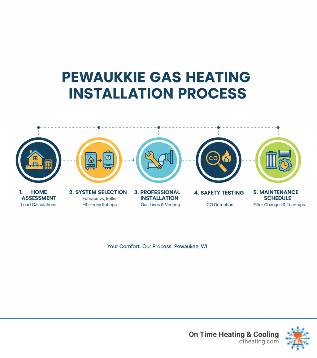 Infographic showing the complete gas heating installation process in Pewaukee, including home assessment with load calculations, system selection comparing furnaces vs boilers with efficiency ratings, professional installation steps with gas line connections and venting, safety testing procedures including carbon monoxide detection, and maintenance schedule with filter changes and annual tune-ups - gas heating installation pewaukee infographic Infographic showing the complete gas heating installation process in Pewaukee, including home assessment with load calculations, system selection comparing furnaces vs boilers with efficiency ratings, professional installation steps with gas line connections and venting, safety testing procedures including carbon monoxide detection, and maintenance schedule with filter changes and annual tune-ups - gas heating installation pewaukee infographic