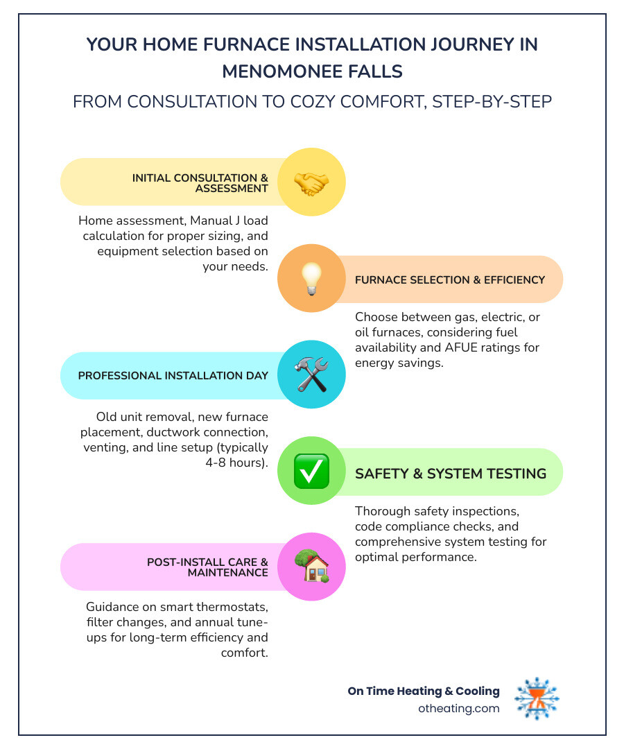 Comprehensive infographic showing the complete home furnace installation process in Menomonee Falls, including initial consultation steps, furnace type selection (gas, electric, oil), energy efficiency ratings (AFUE), professional installation timeline of 4-8 hours, safety inspections, ductwork connections, and post-installation maintenance requirements for Wisconsin climate conditions - home furnace install menomonee falls infographic infographic-line-5-steps-colors