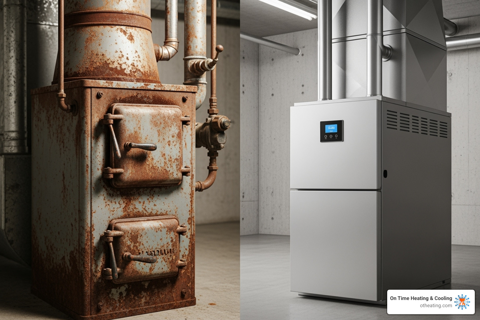 An old, corroded furnace contrasted with a sleek, new energy-efficient model - home furnace install menomonee falls