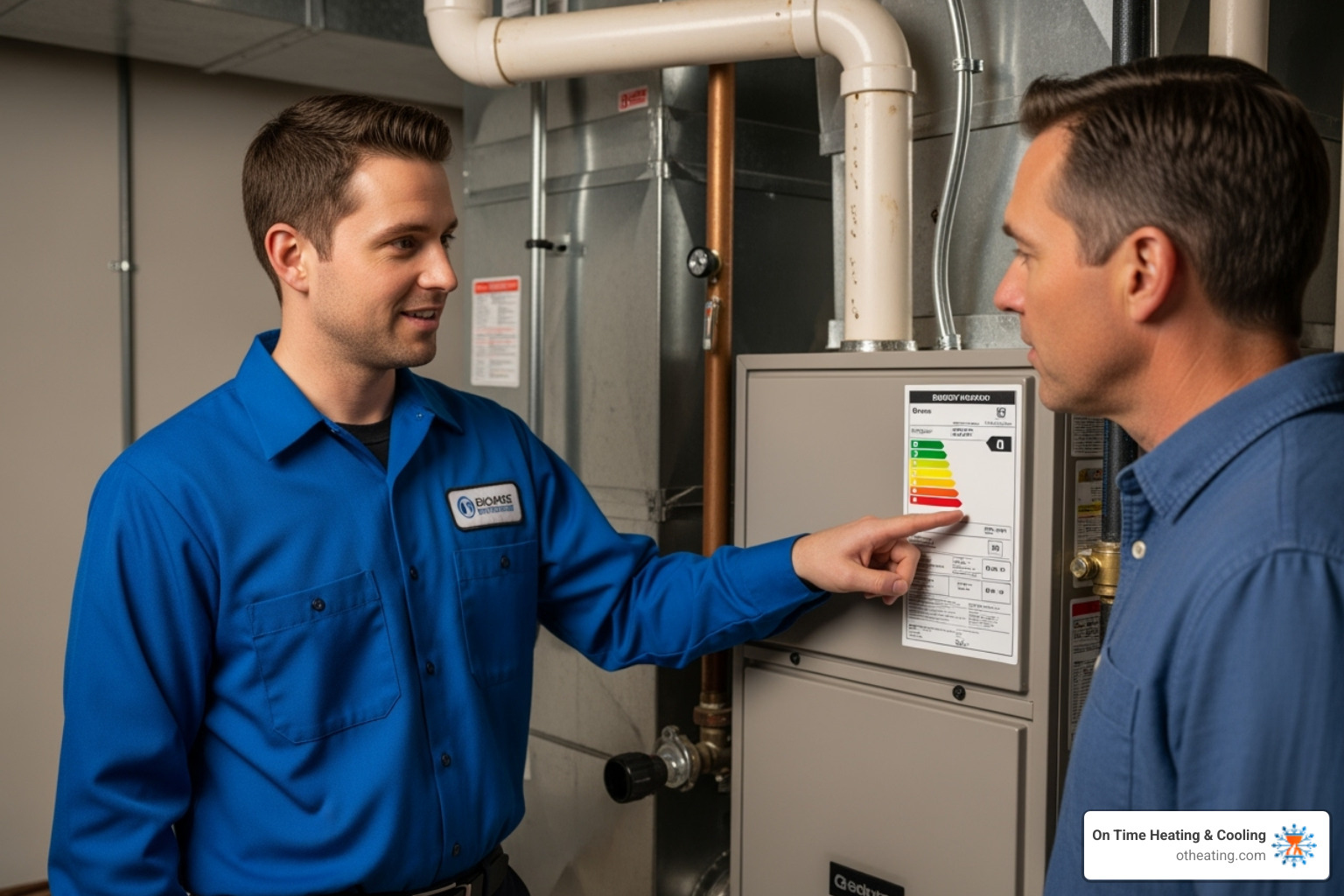 A technician pointing to an AFUE rating on a furnace while explaining it to a homeowner - home furnace install menomonee falls