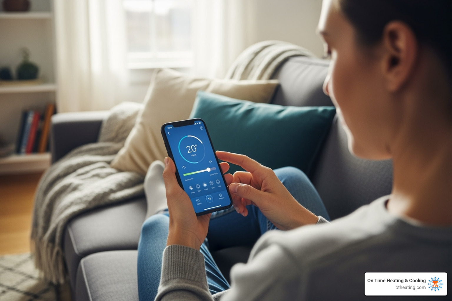 A homeowner using a smart thermostat app on their phone to adjust home temperature - home furnace install menomonee falls