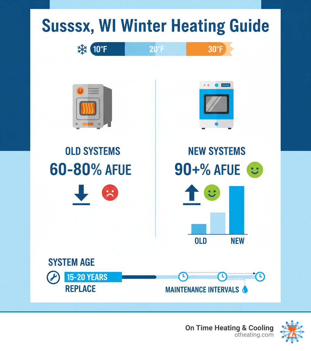 Comprehensive guide showing Sussex WI winter temperature ranges from 10-30°F, heating system efficiency comparison between old systems at 60-80% AFUE versus new systems at 90%+ AFUE, and timeline showing optimal replacement schedule at 15-20 years with maintenance intervals - install heating system sussex wi infographic 
